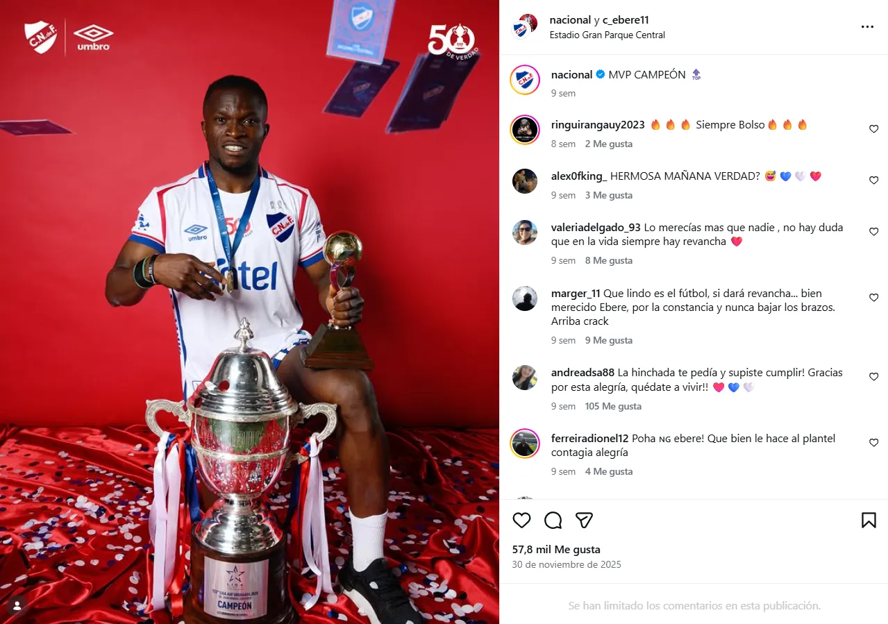 Christian Ebere marcó el gol para el título de Nacional en Uruguay. (Instagram)