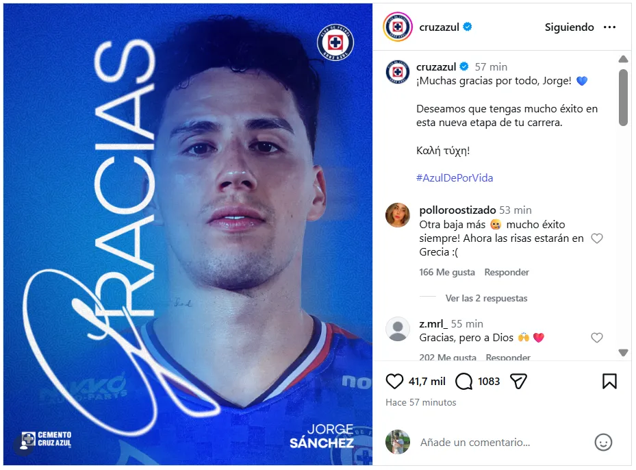 El frío mensaje que Cruz Azul le dedicó a Jorge Sánchez (Instagram)