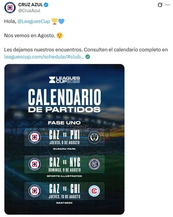 Los kilómetros que deberá recorrer Cruz Azul en la Leagues Cup 2026 (X)
