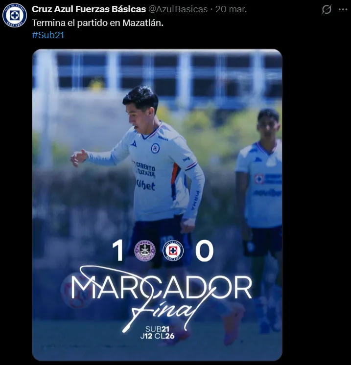 Cruz Azul Sub-21 sumó otra derrota, esta vez ante Mazatlán. (@Azulbasicas)