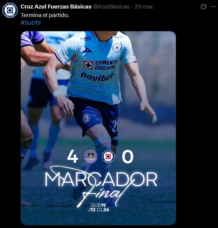 Cruz Azul Sub-19 cayó goleado ante Mazatlán y está penúltimo. (@Azulbasicas)