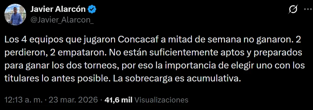 El veredicto de Alarcón para los equipos que pelean por Liga MX y Concachampions. (@javier_alarcon_)