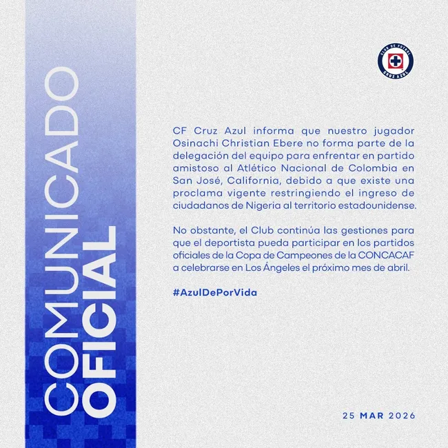 La razón por la que Christian Ebere no viajó al amistoso de Cruz Azul (Oficial Cruz Azul)