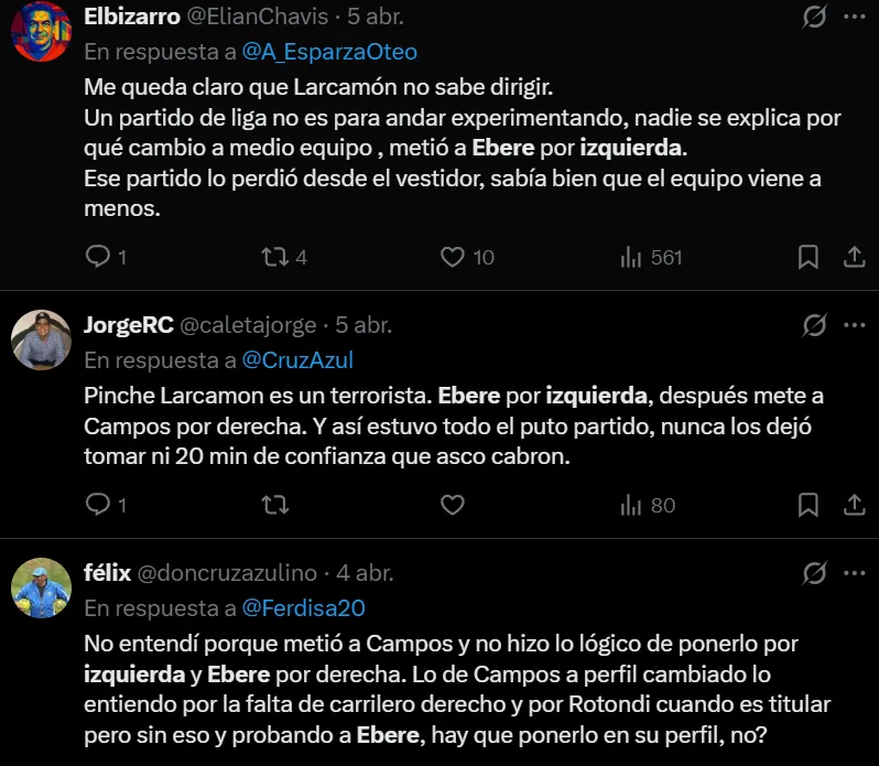 Aficionados cuestionan decisión de Larcamón ante Pachuca. (X)