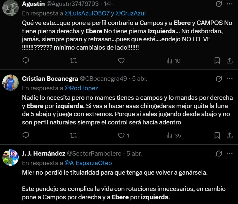 Aficionados cuestionan decisión de Larcamón ante Pachuca. (X)
