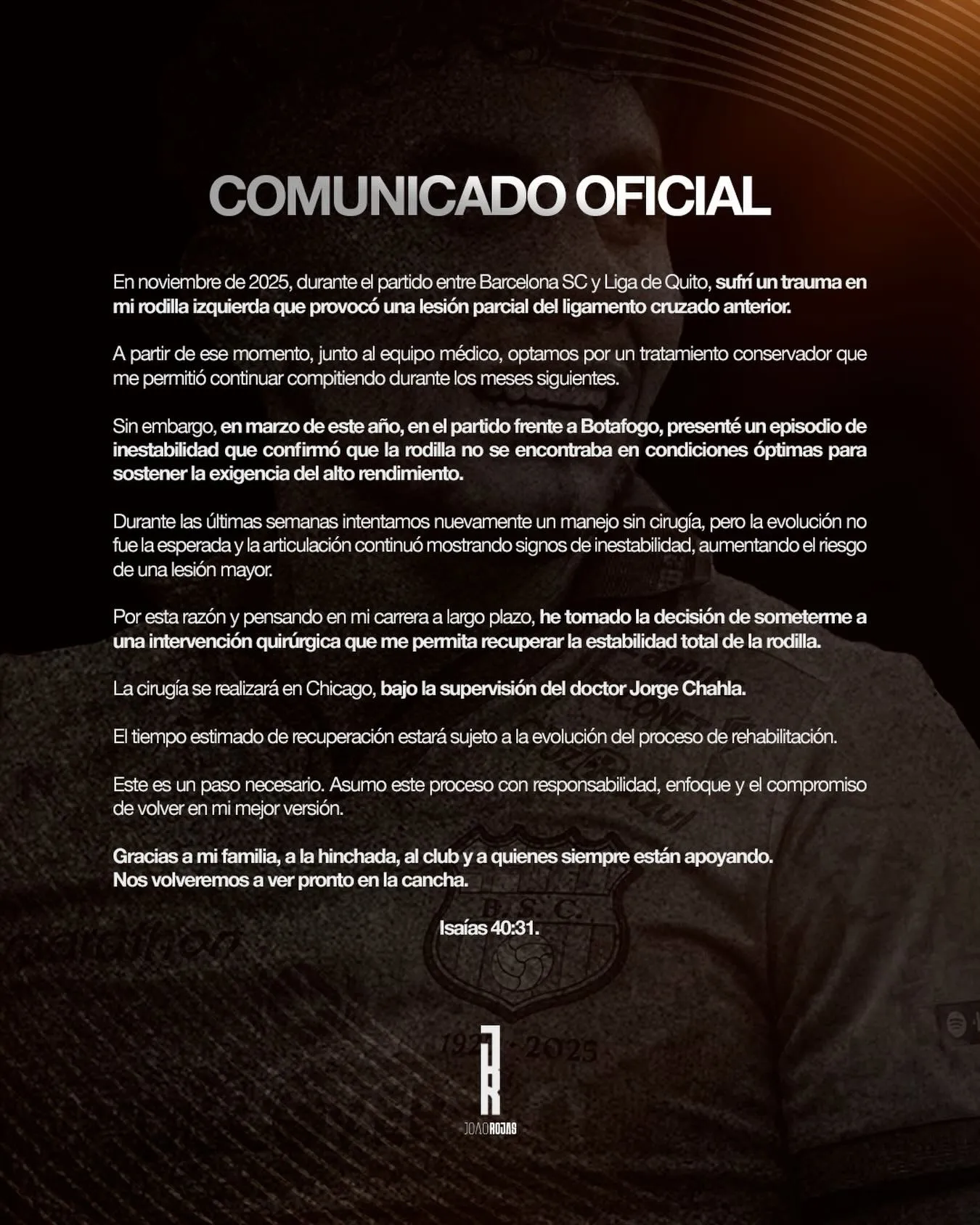 Comunicado de Joao Rojas, ex Cruz Azul, en su Instagram.