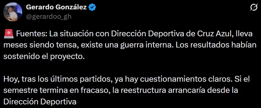 Gerardo González habla de “guerra interna” en Cruz Azul. (X)