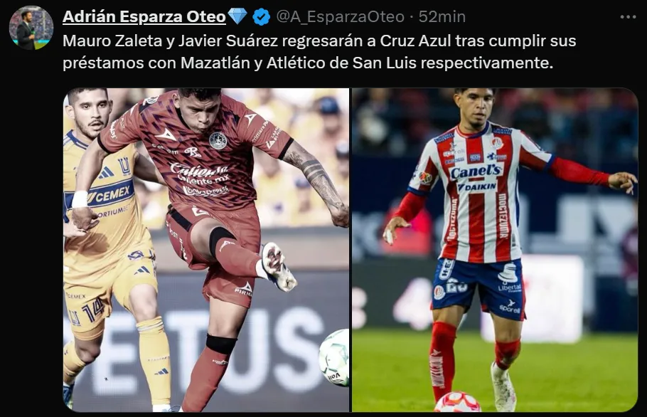 Adrián Esparza confirmó el regreso de Zaleta y Suárez a Cruz Azul. (@A_EsparzaOteo)