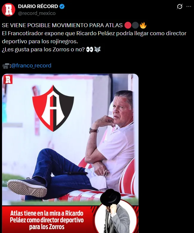 Ricardo Peláez podría llegar a Atlas. (@record_mexico)