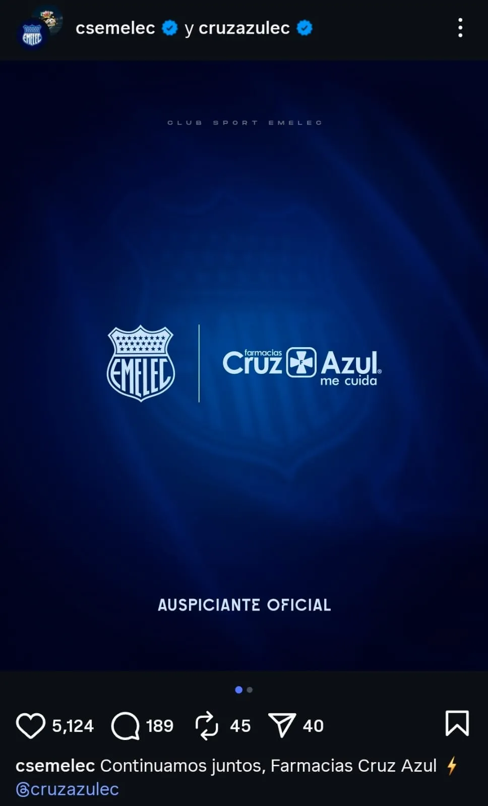 Anuncio oficial del Emelec de Vicente Sánchez sobre “Farmacias Cruz Azul”. (@csemelec)