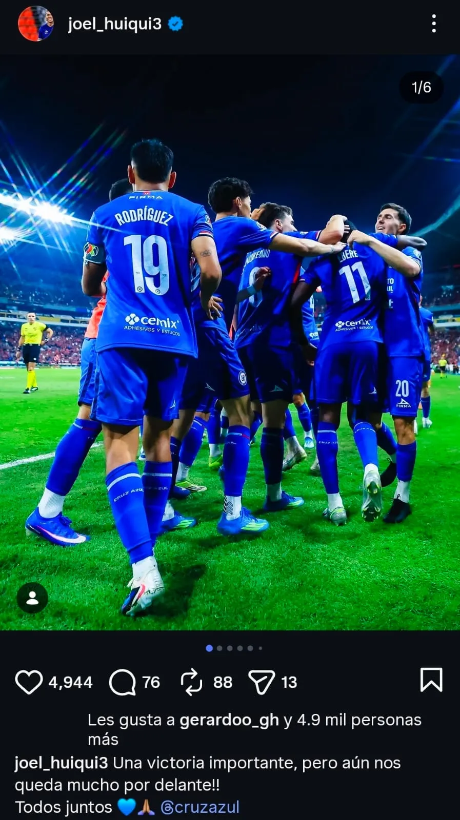 La publicación de Huiqui tras el Cruz Azul vs. América. (@joel_huiqui3)