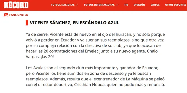 Vicente Sánchez, acusado junto a su agente en Ecuador. (Captura Récord)