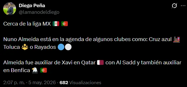 Según Diego Peña, Cruz Azul tiene en el radar a Nuno Almeida. (@lamanodeldiego)