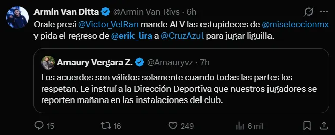 Afición de Cruz Azul pide regreso de Lira de la Selección. (X)