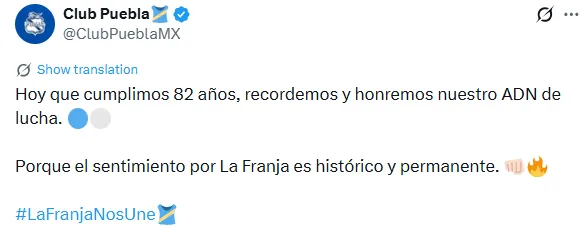 Mensaje del Puebla en sus redes sociales