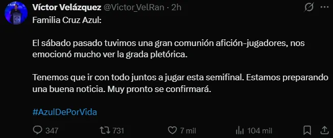 Víctor Velázquez pre anunciaba la “obtención” del Banorte para semifinales. (@victor_velran)