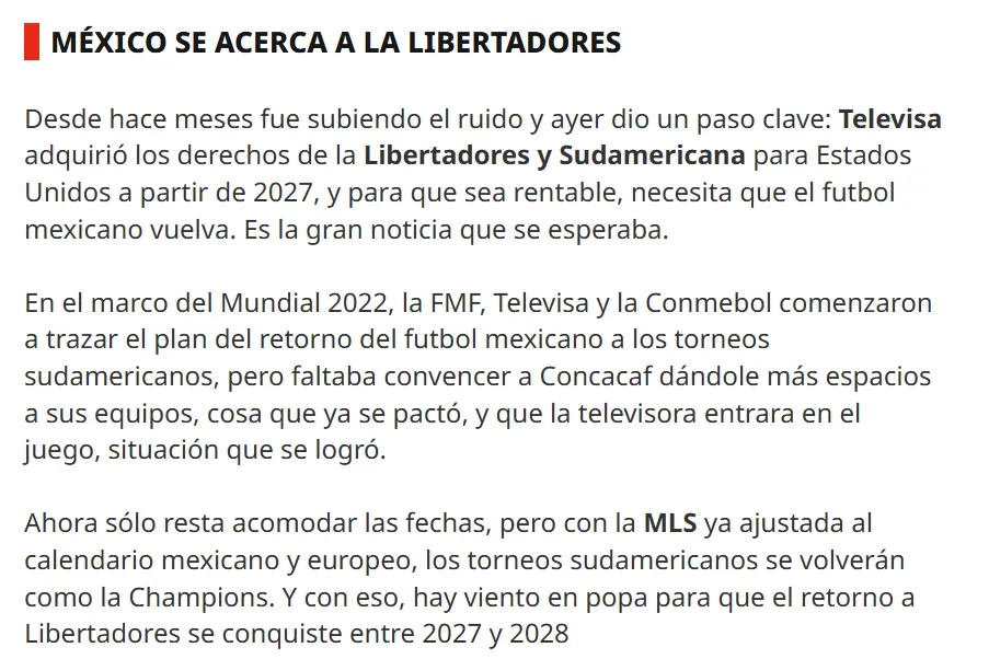 México se acerca a la Libertadores. (Captura diario Récord)