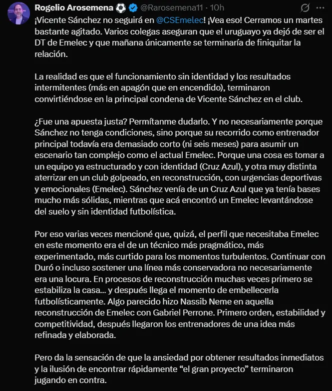 Periodistas ecuatorianos opinan sobre la salida de Vicente Sánchez. (X)