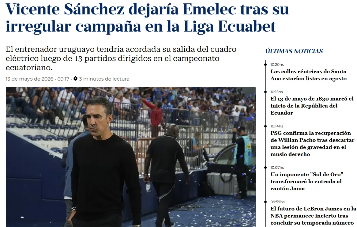 El Diario, otro medio de Ecuador, anunciando la salida de Vicente Sánchez. (Captura El Diario)