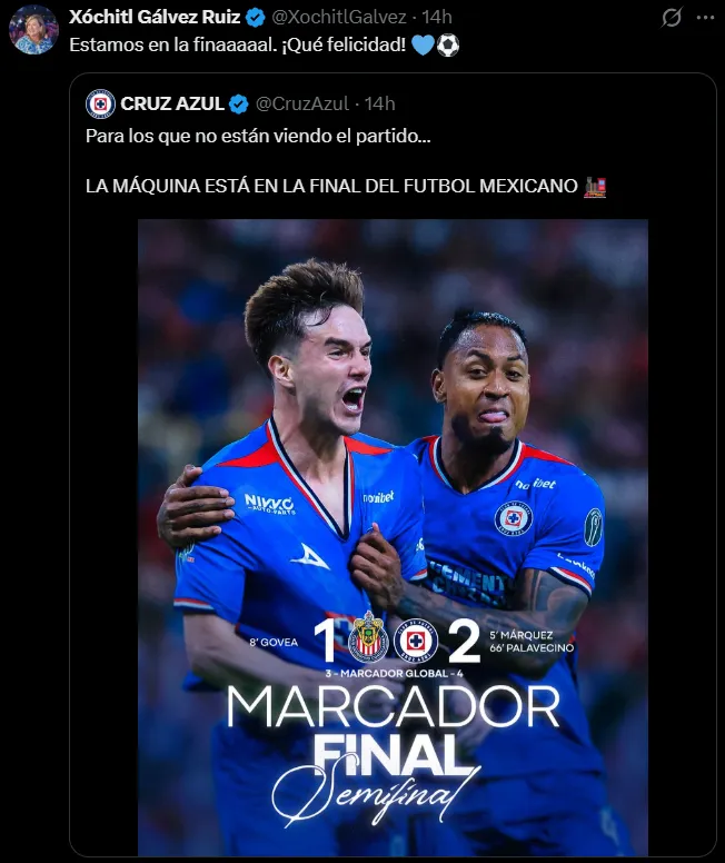 Xóchitl Gálvez celebró a Cruz Azul finalista en X.