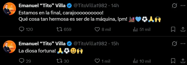 Tito Villa celebró a Cruz Azul finalista en X