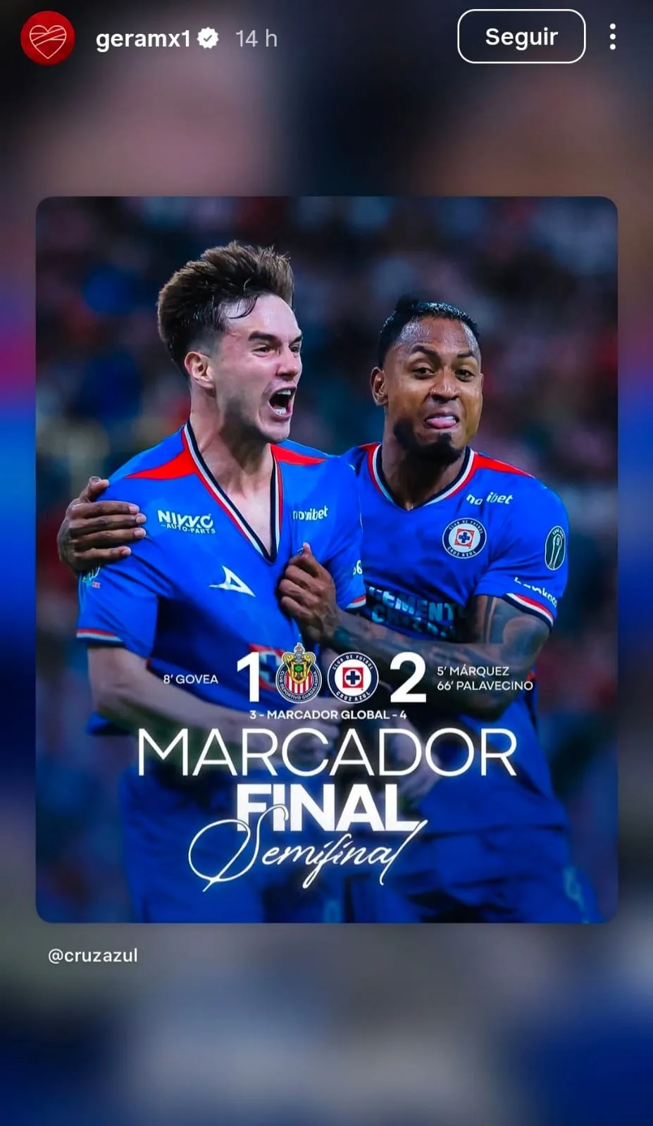 Gera MX celebró a Cruz Azul finalista en Instagram.