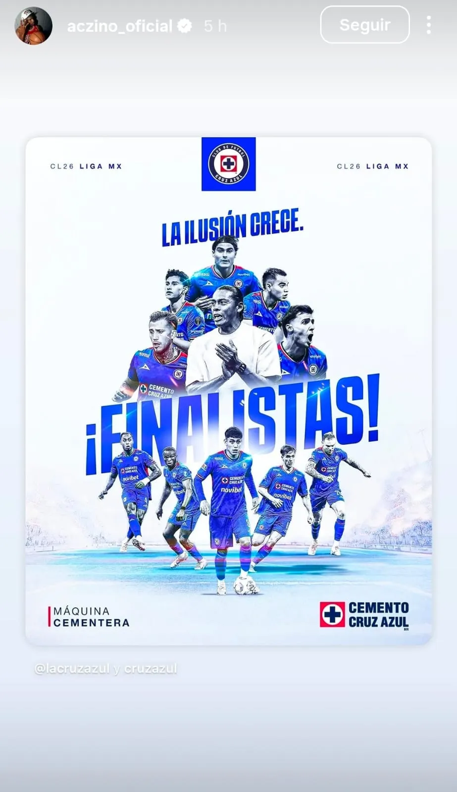 Aczino celebró a Cruz Azul finalista en Instagram.