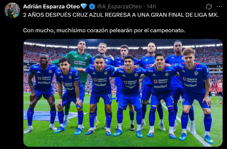 Adrián Esparza celebró a Cruz Azul finalista en X