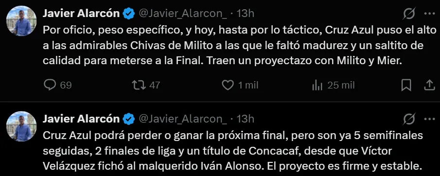 Javier Alarcón celebró a Cruz Azul finalista en X