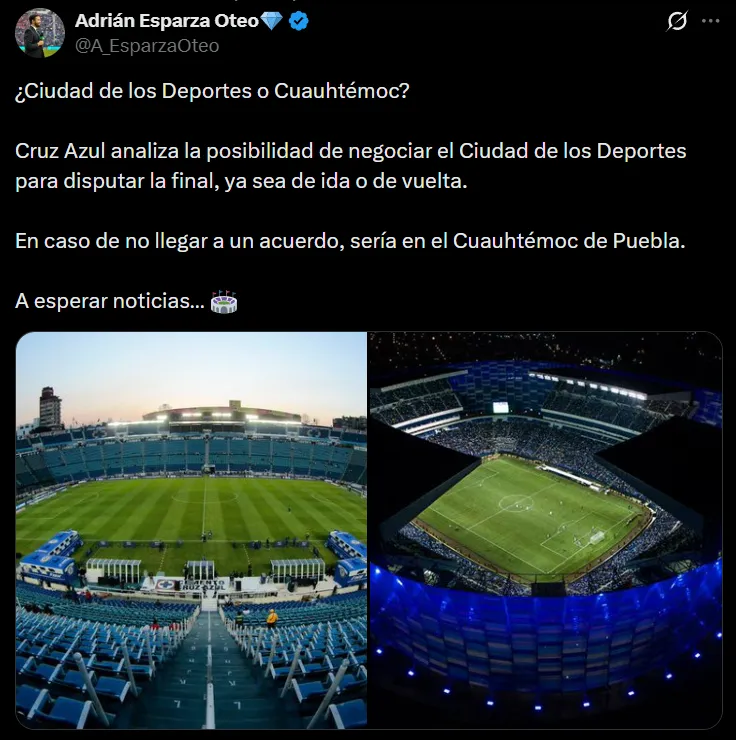 Adrián Esparza informó que Cruz Azul podría jugar en el Ciudad de los Deportes. (X)