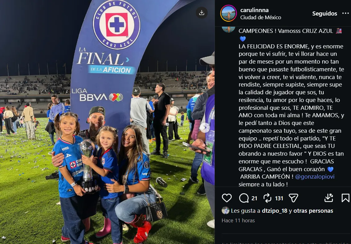 Publicación de la esposa de Gonzalo Piovi tras el título. (@carulinnna)