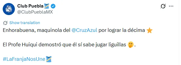 Mensaje del Puebla en redes sociales