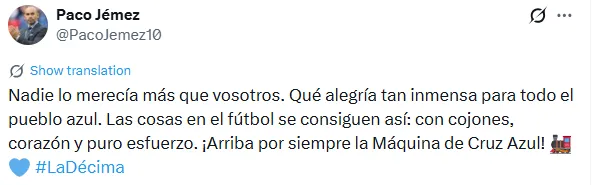 Mensaje de Paco Jémez en X