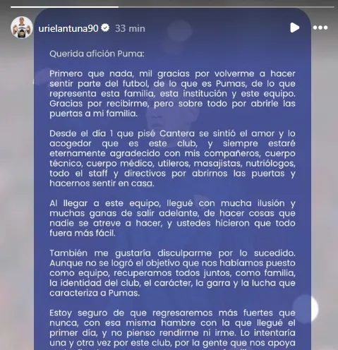 Parte del mensaje de Antuna en redes sociales