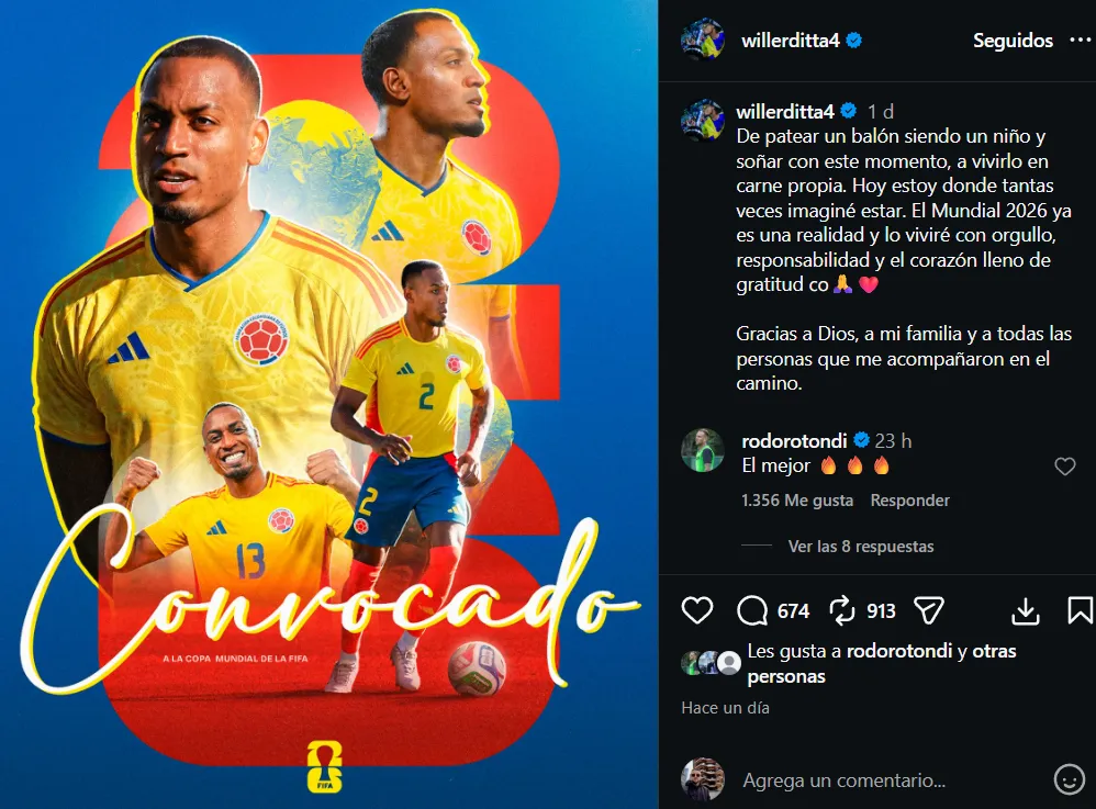 El posteo de Ditta por ir al Mundial con Colombia. (@willerditta4)