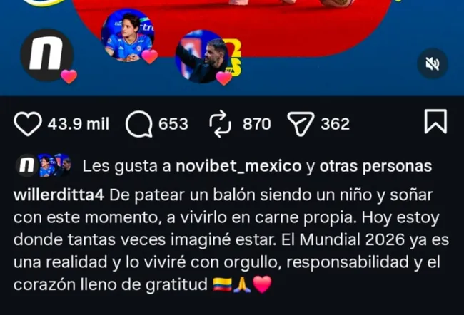 Larcamón en el posteo de Ditta por ir al Mundial con Colombia. (@willerditta4)
