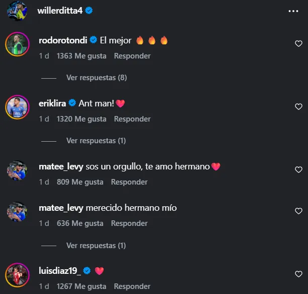 Comentarios en el posteo de Ditta por ir al Mundial con Colombia. (@willerditta4)