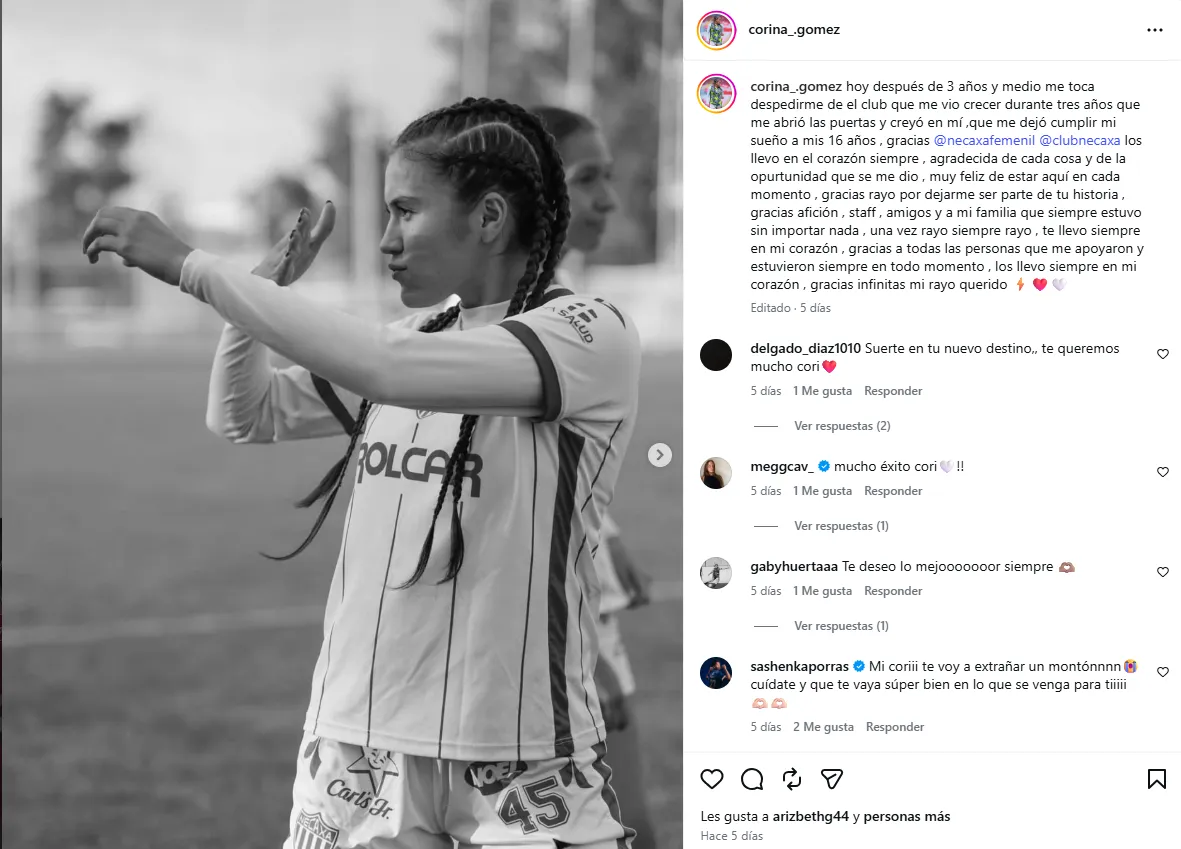 Corina Gómez se despidió de Necaxa Femenil y apuntan a una llegada a Cruz Azul (Instagram)