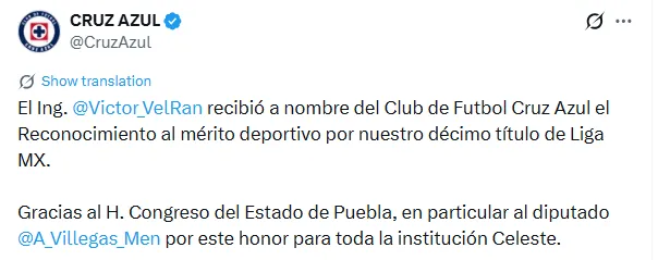 Mensaje que publicó Cruz Azul en sus redes sociales