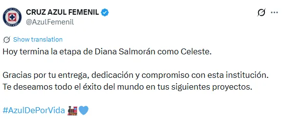 Mensaje de despedida de Cruz Azul femenil