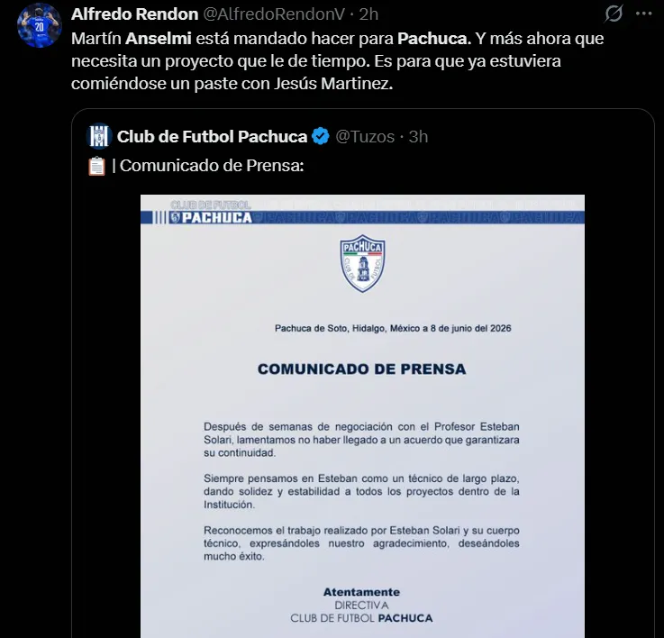Usuarios vinculan a Anselmi con Pachuca. (X)