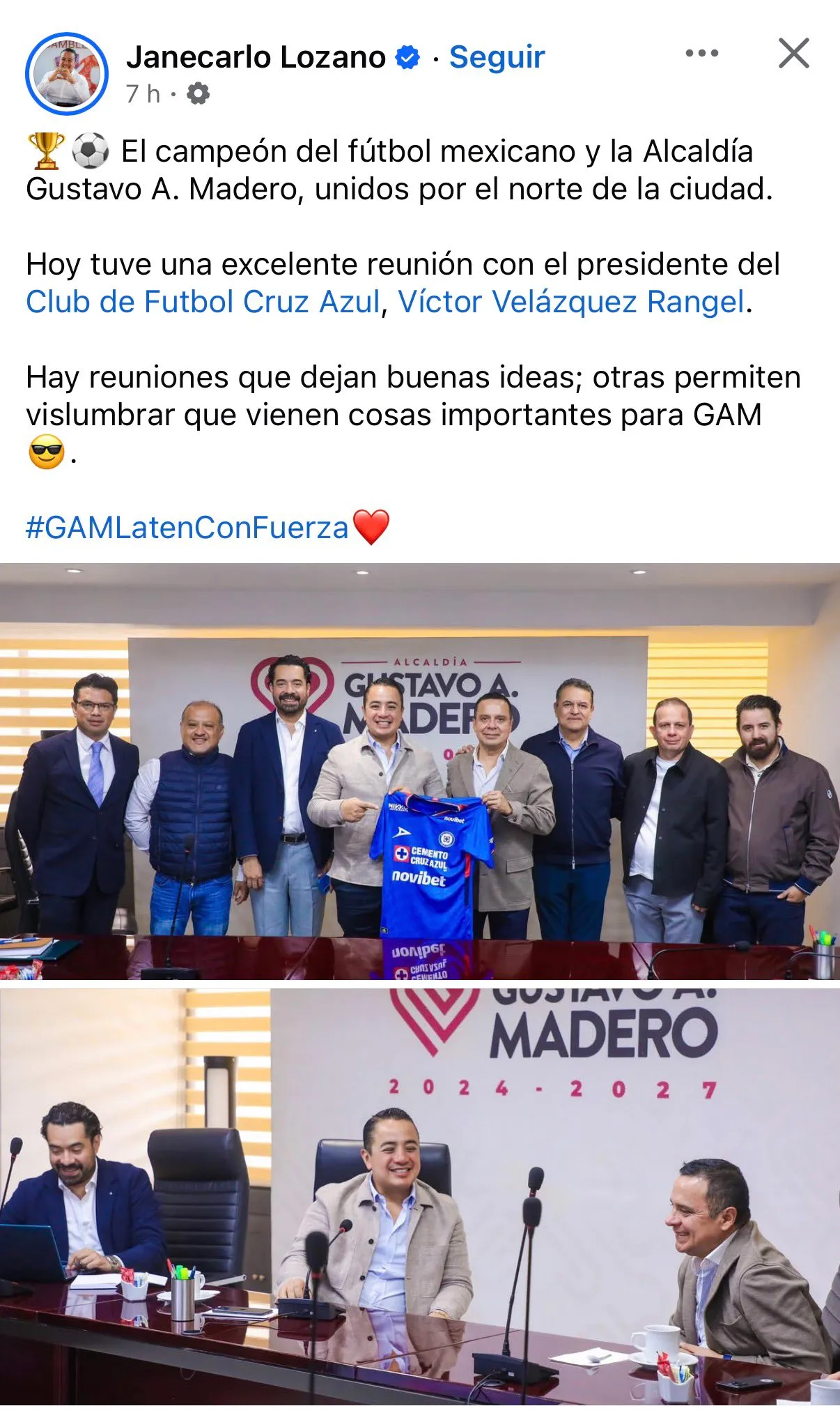El Alcalde de Gustavo A. Madero, junto a Víctor Velázquez de Cruz Azul. (Redes Janecarlo Lozano)
