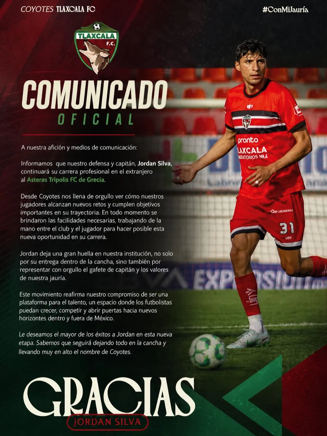 Coyotes despidió a Jordan Silva, ex Cruz Azul, nuevamente rumbo a Grecia. (Oficial Tlaxcala FC)