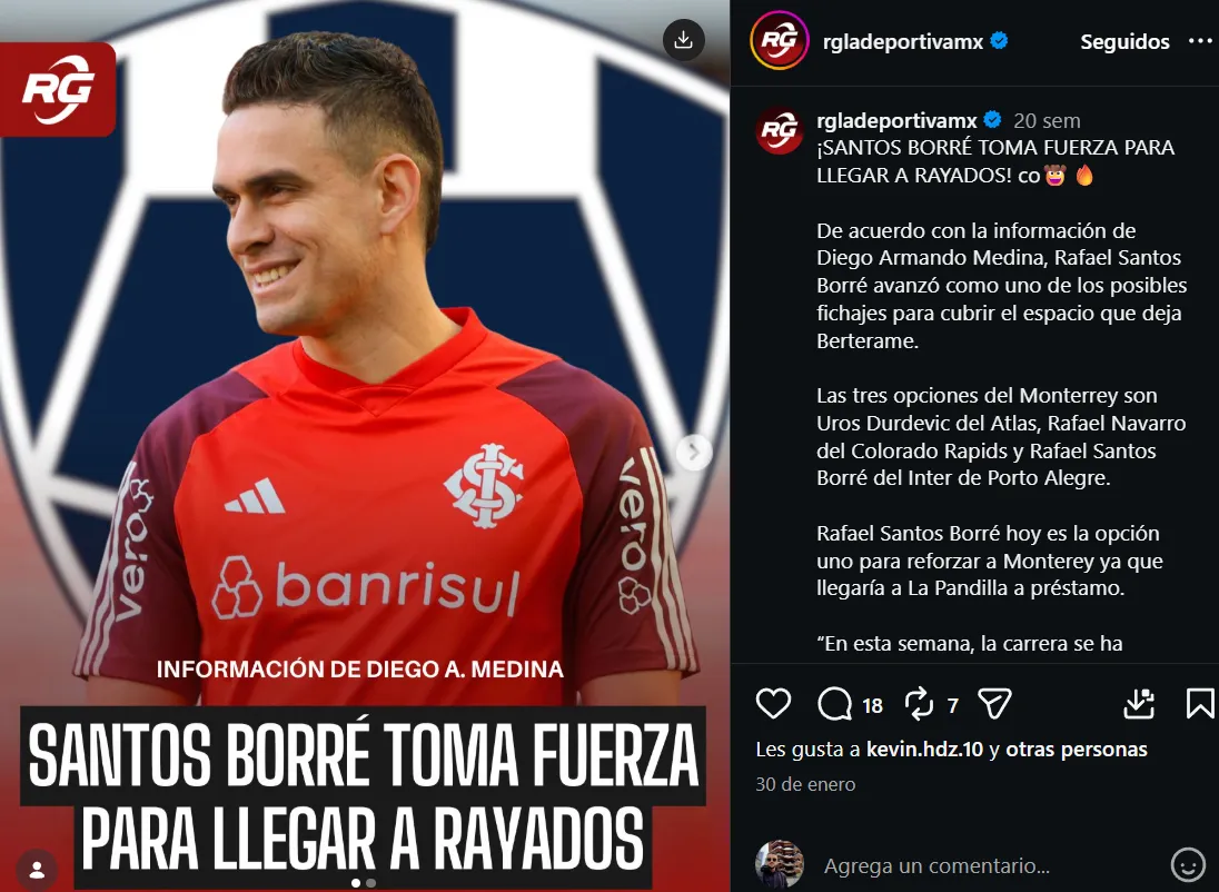 Rafael Santos Borré, apuntado por Rayados. (@rgladeportivamx)
