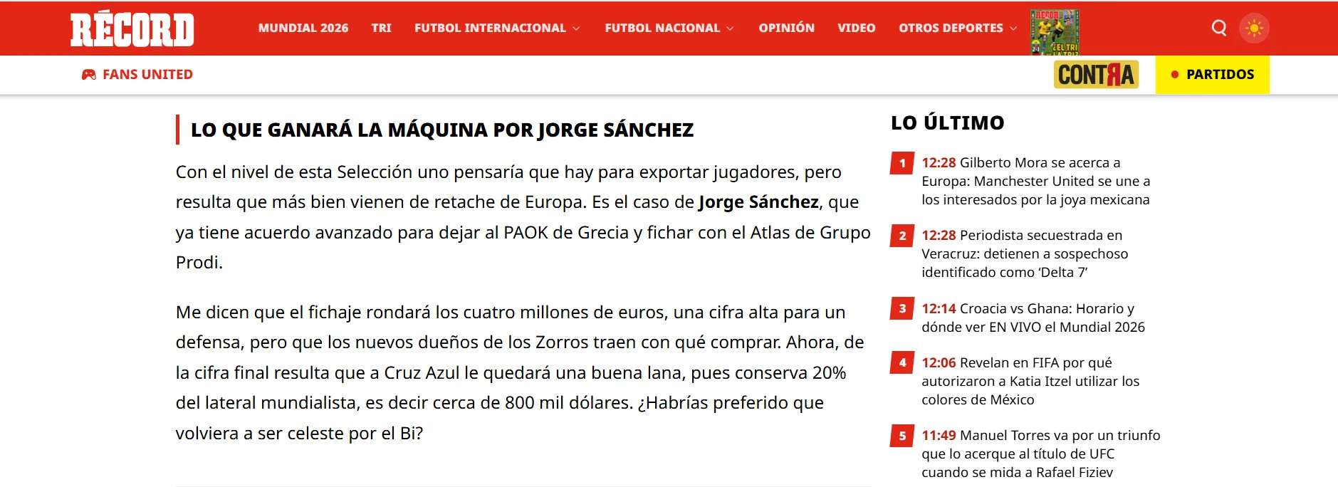 Cruz Azul recibiría dinero por el fichaje de Jorge Sánchez al Atlas (Fuente: Record)