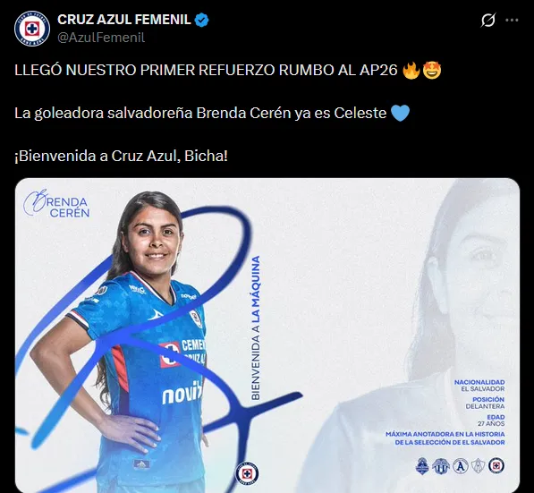 Cruz Azul Femenil presentó a su primer fichaje para el Apertura 2026. (Twitter)