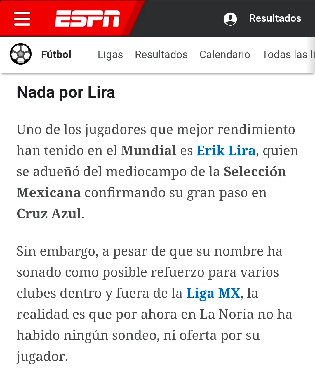 “Sin nada por Lira” en Cruz Azul, según ESPN. (Captura ESPN Digital)