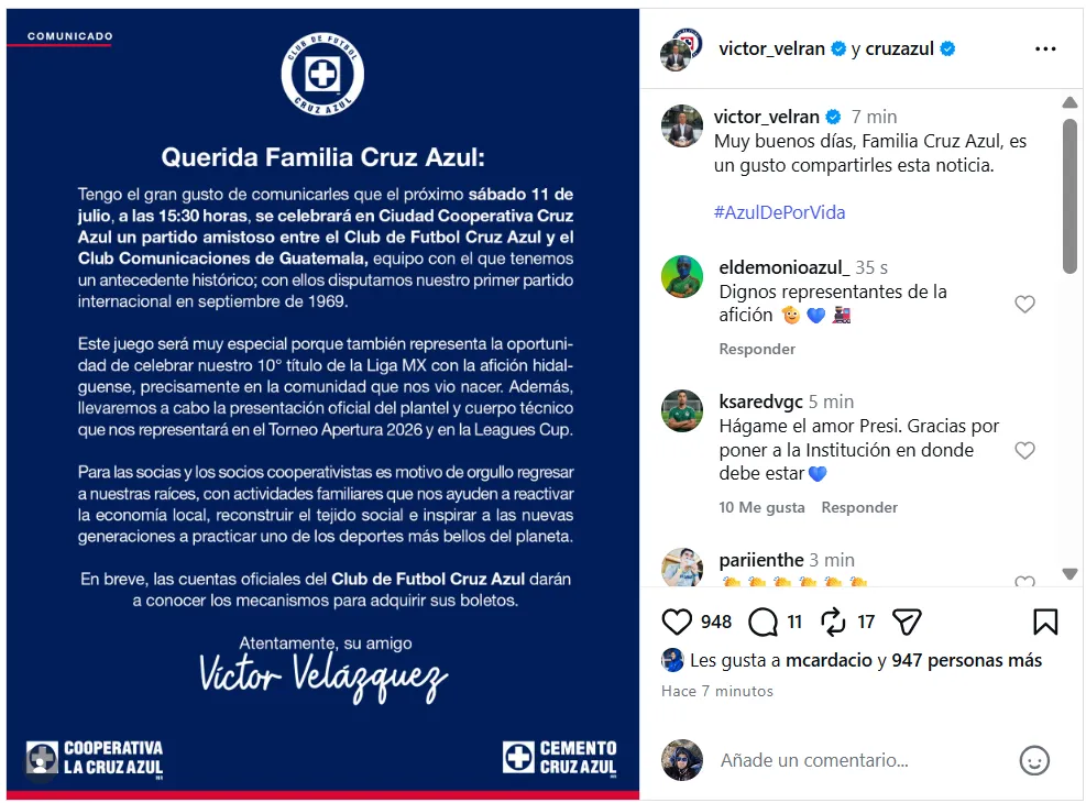 El comunicado de Víctor Velázquez sobre el amistoso de Cruz Azul. (Instagram)