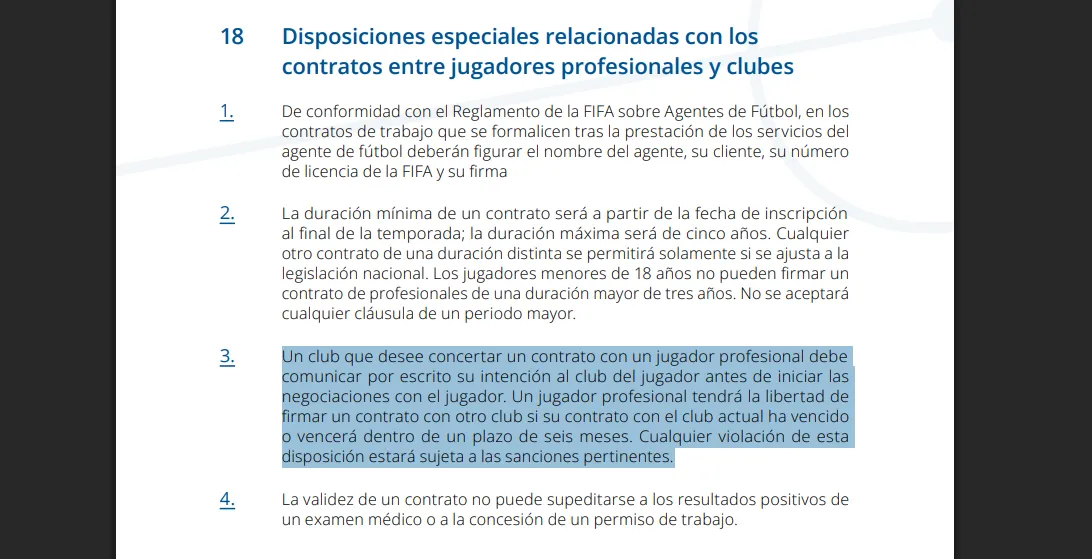 La normativa FIFA sobre los agentes libres y precontratos (Fuente: Reglamento sobre el Estatuto y la Transferencia de Jugadores)