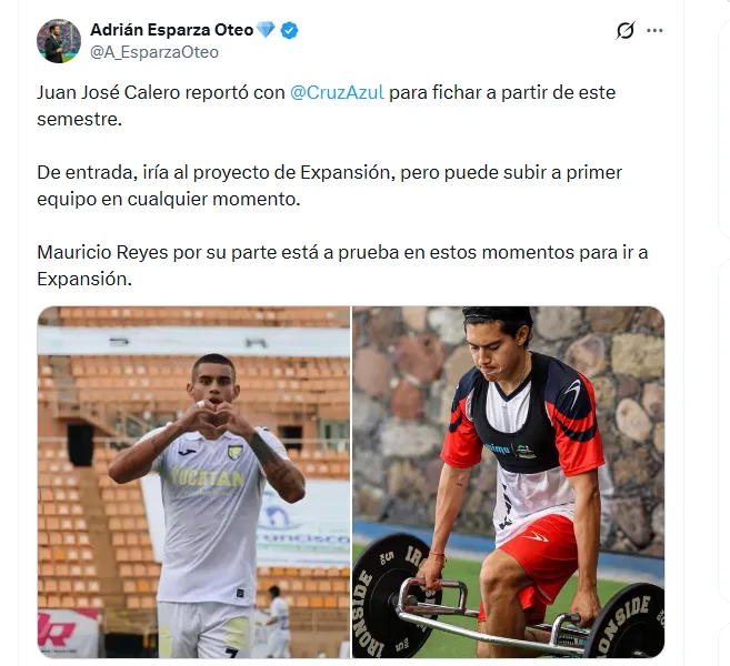 El rol que Cruz Azul daría a Juan José Calero tras su fichaje (X @A_EsparzaOteo)